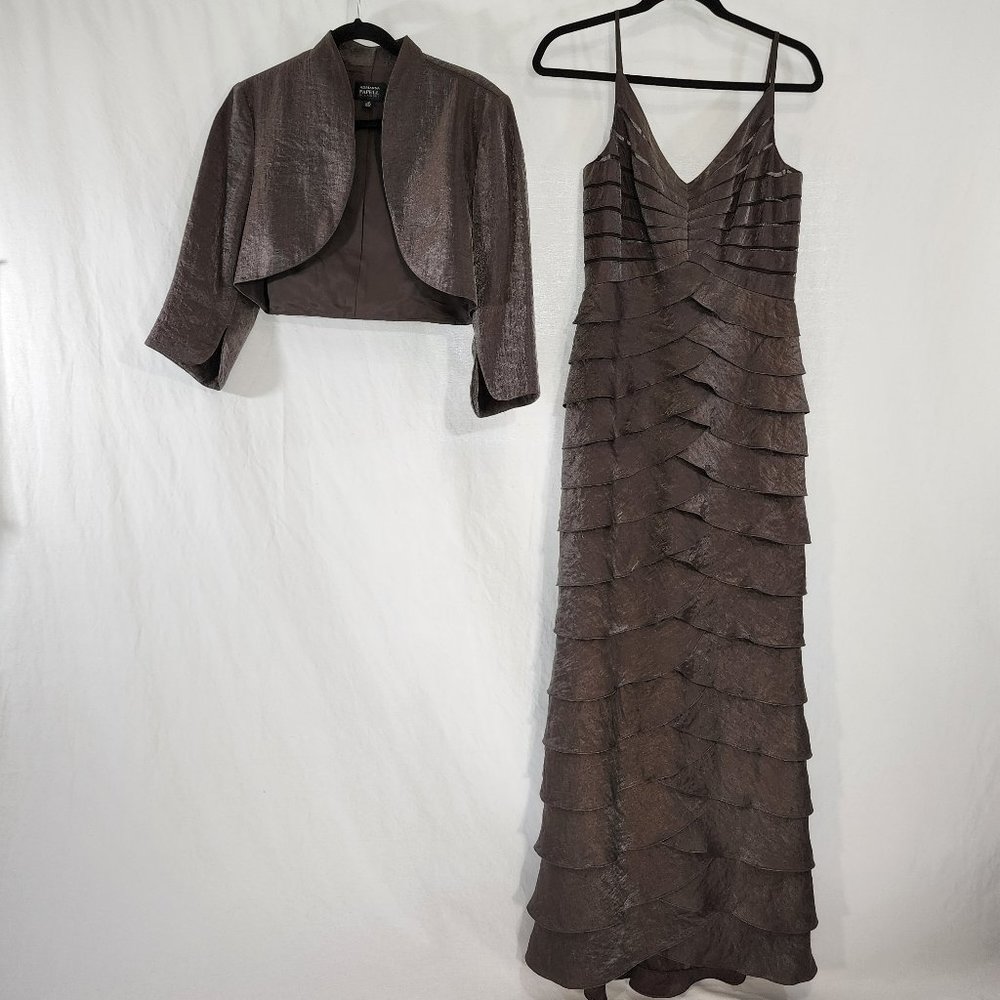 ADRIANNA PAPELL Occasions Long Tiered Gown & Jacket  Gold Brown  Dress Size 10